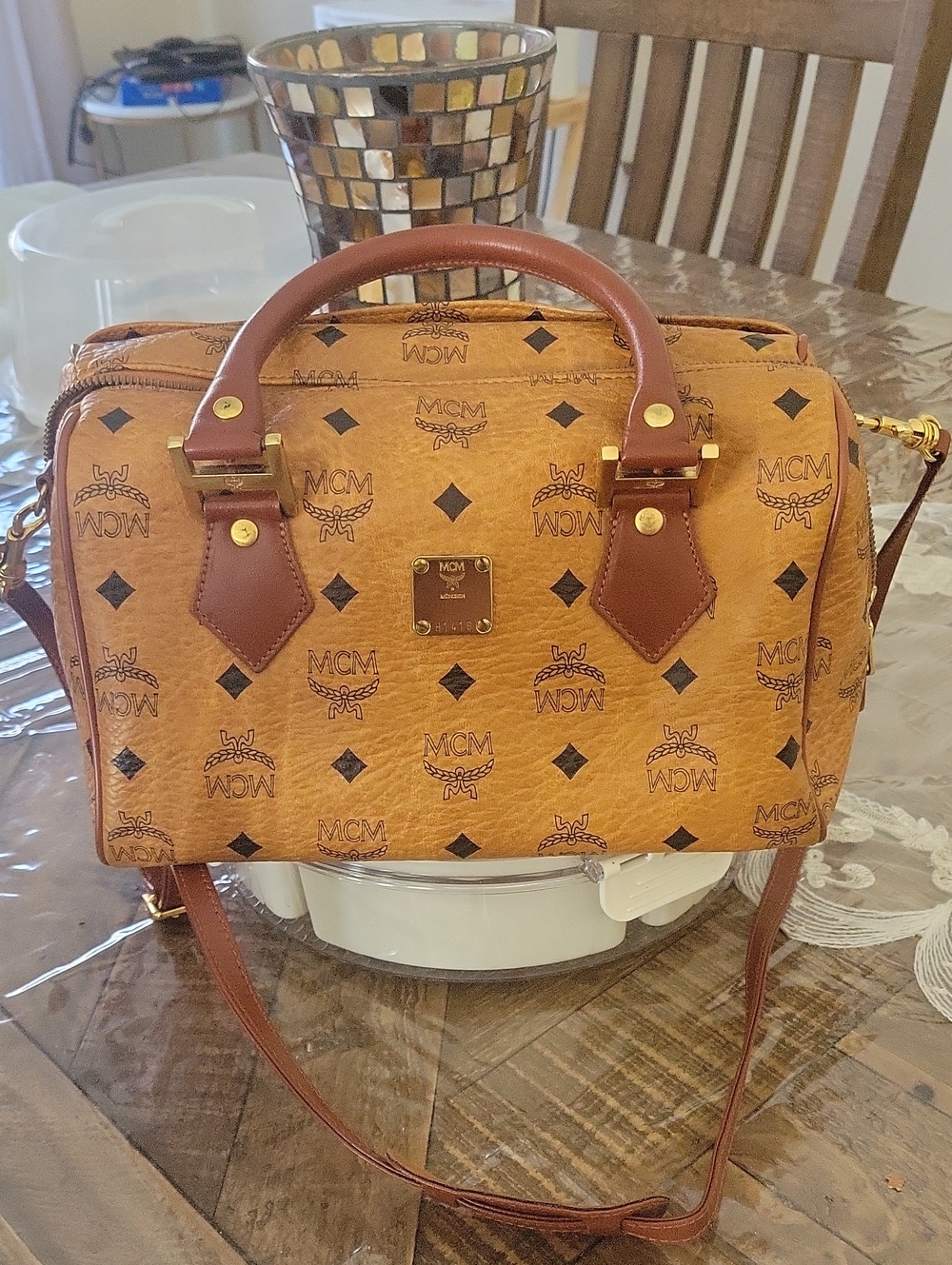 MCM Cognac Visetos Boston Satchel with Brown Accents